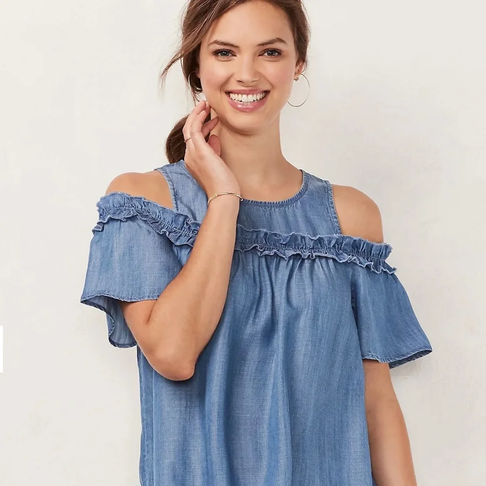 LC LAUREN CONRAD Cold Shoulder CHAMBRAY Ruffle Blouse COLD SHOULDER Top XS - Picture 1 of 11